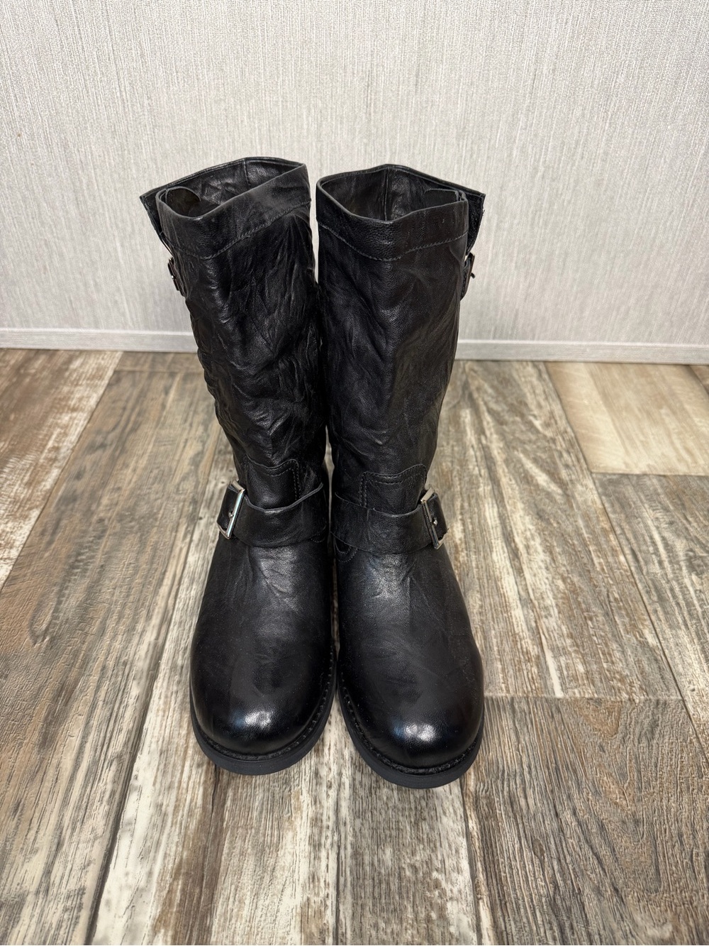 Women's Black Leather Moto Buckle Boots Size 37=US Size 6.5-7